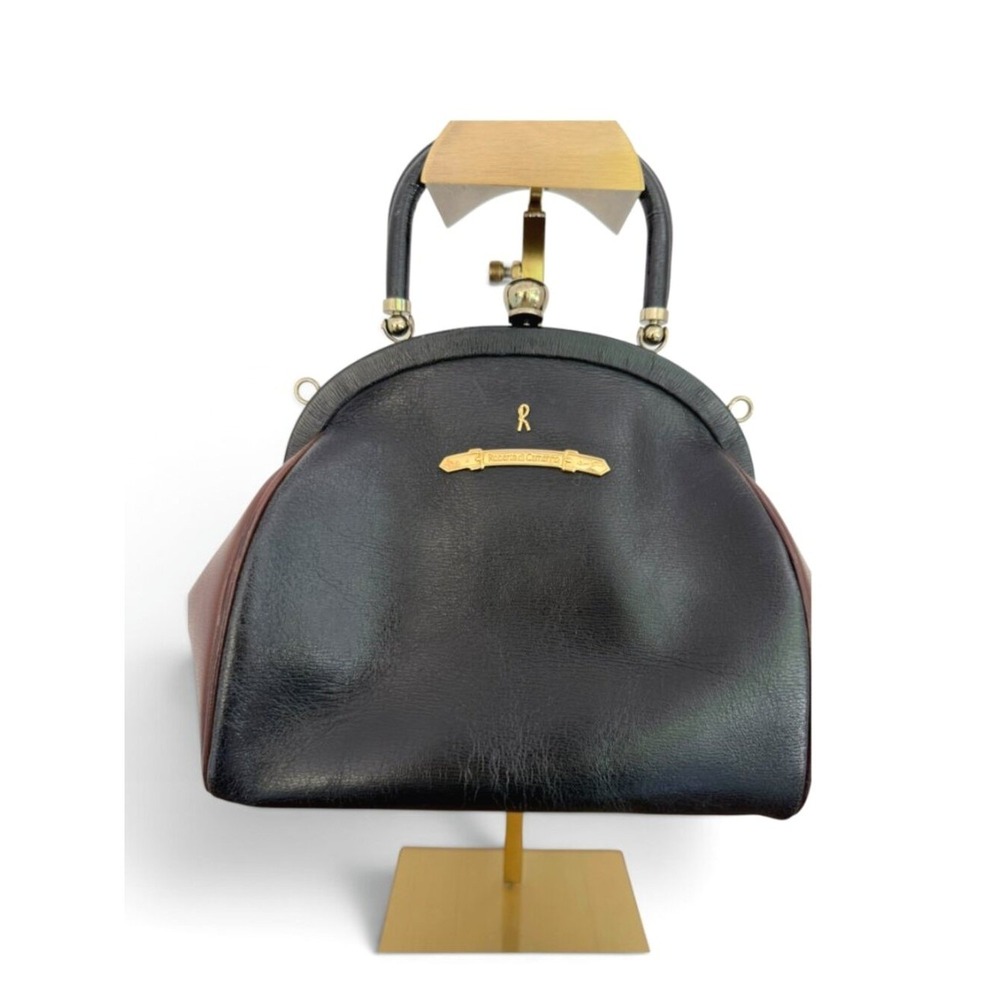 Roberta di Camerino Vintage 1960s Leather Frame Doctor Bag Black Brown Italy 356